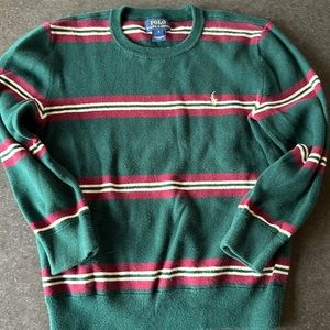 Polo cotton sweater, youth size 7. Dark green with burgundy and white stripes.